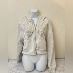 No Comment Women's Hoodie Gray Fleece Sz L Full-Zip Butterfly Jeweled Studded